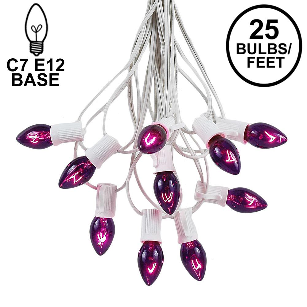 Picture of 25 Light String Set with Purple Transparent C7 Bulbs on White Wire