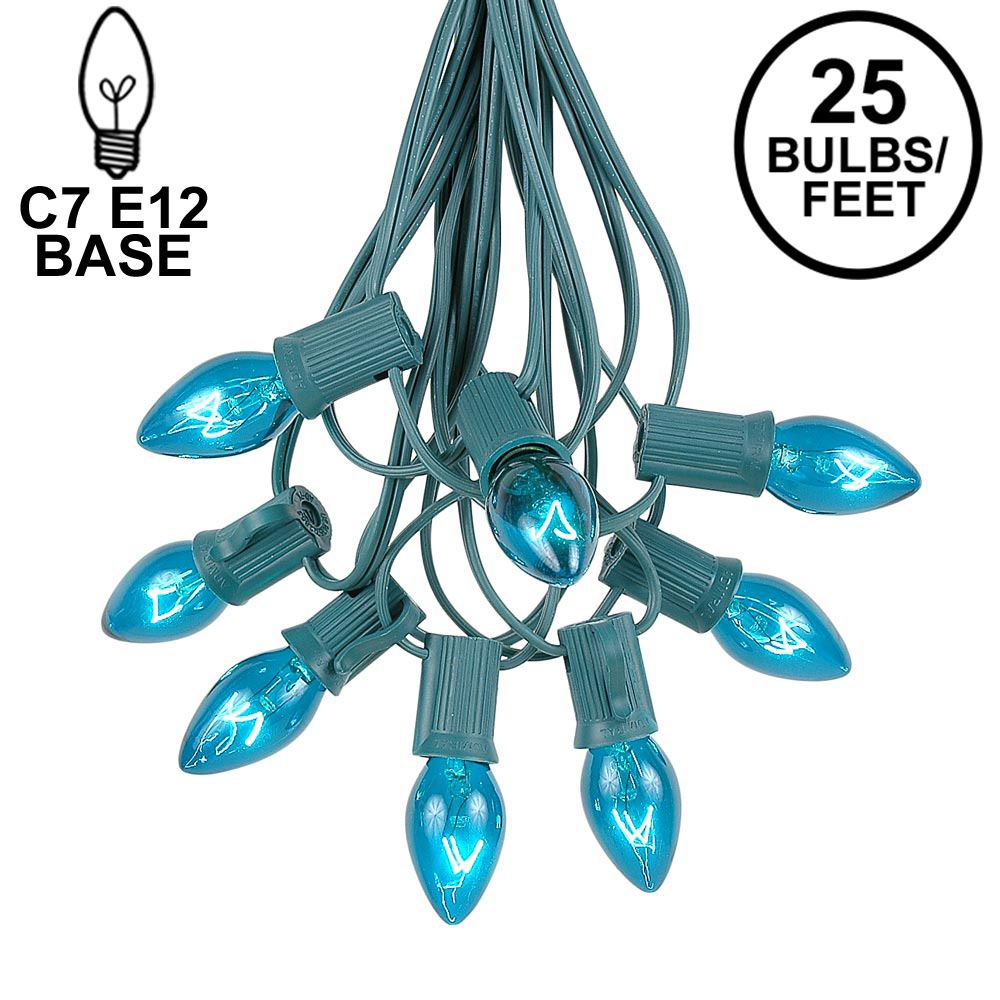 Picture of 25 Light String Set with Teal Transparent C7 Bulbs on Green Wire