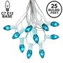 Picture of 25 Light String Set with Teal Transparent C7 Bulbs on White Wire