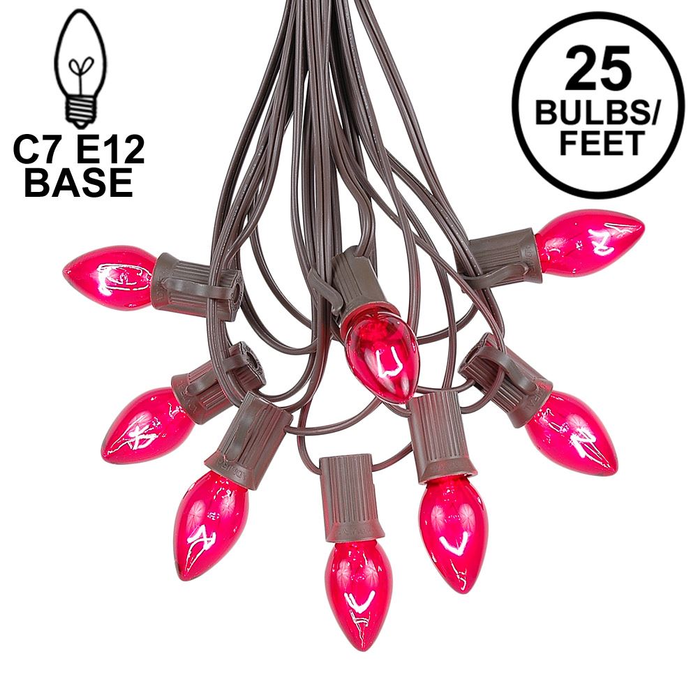 Picture of 25 Light String Set with Pink Transparent C7 Bulbs on Brown Wire