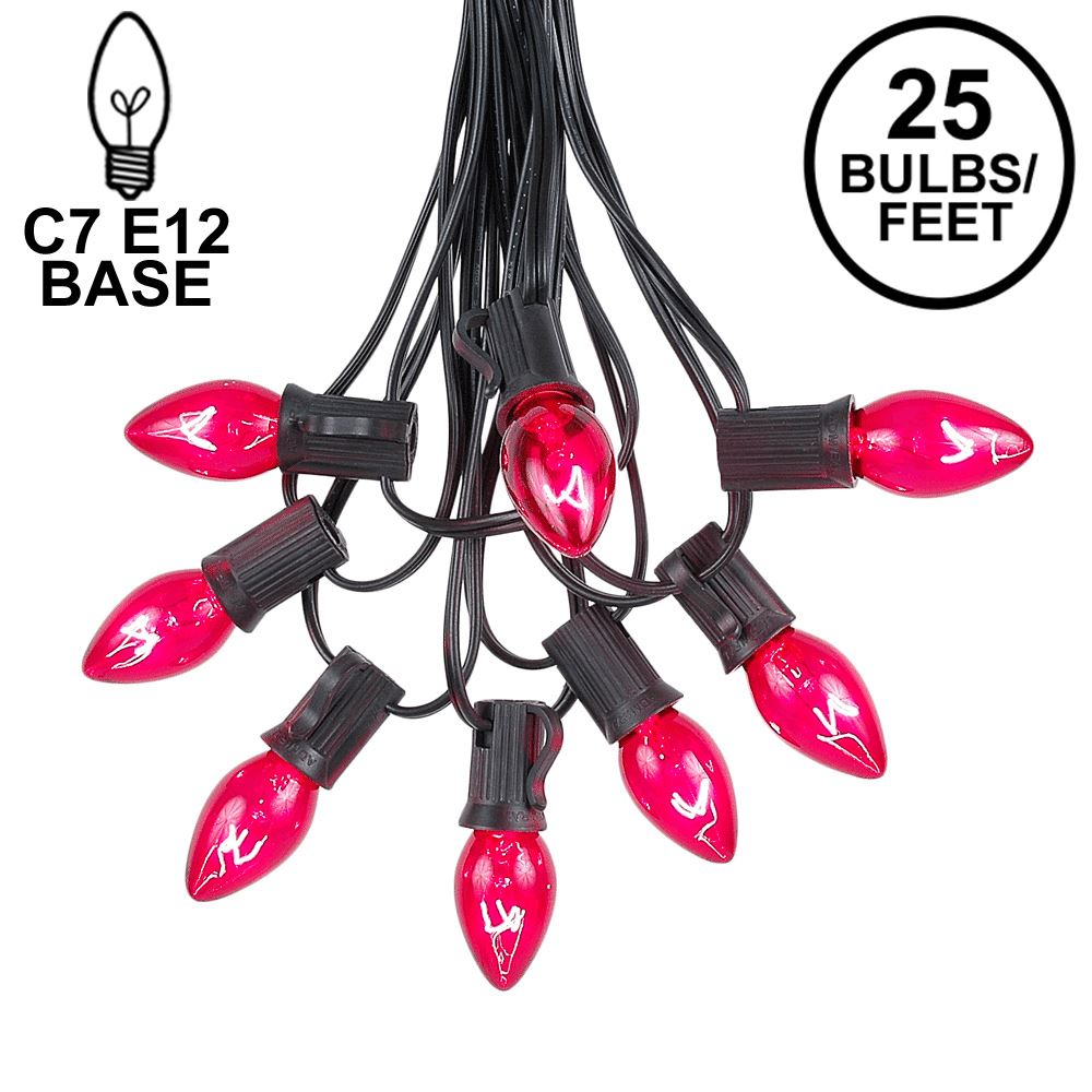 Picture of 25 Light String Set with Pink Transparent C7 Bulbs on Black Wire