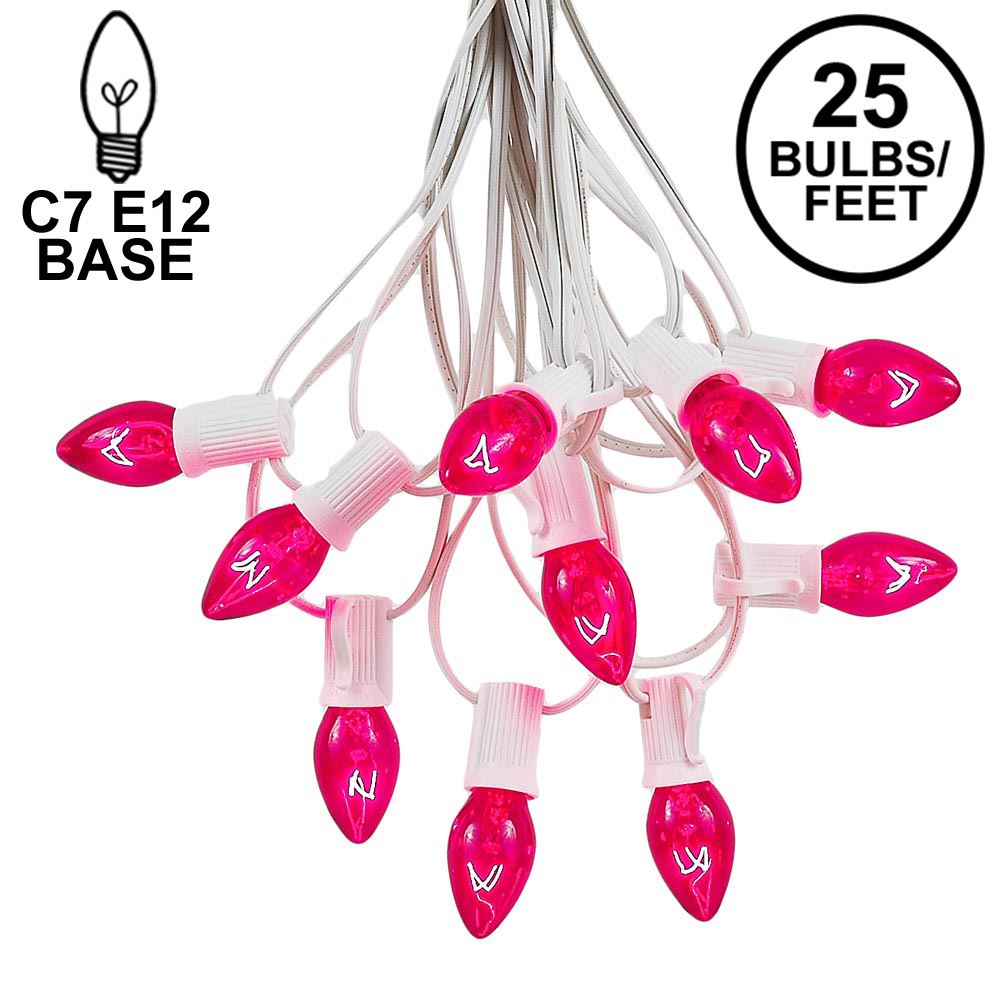 Picture of 25 Light String Set with Pink Transparent C7 Bulbs on White Wire