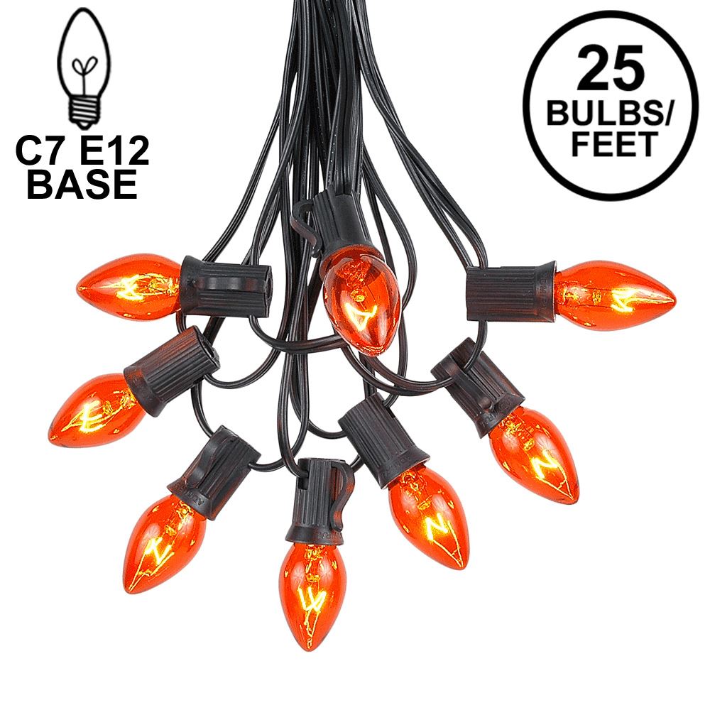 Picture of 25 Light String Set with Amber/Orange Transparent C7 Bulbs on Black Wire