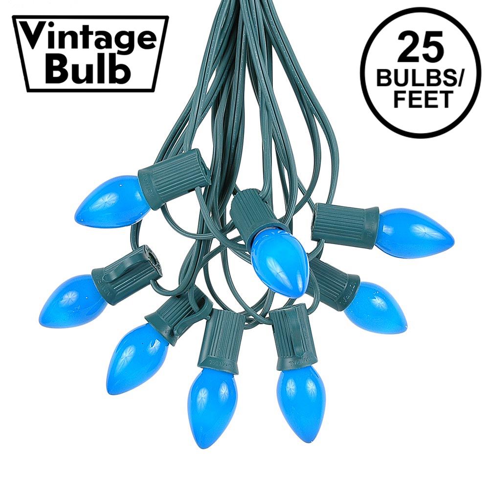 Picture of 25 Light String Set with Blue Ceramic C7 Bulbs on Green Wire