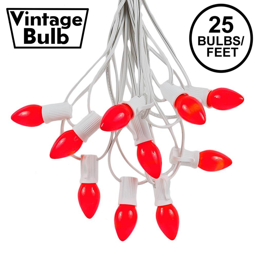 Picture of 25 Light String Set with Red Ceramic C7 Bulbs on White Wire