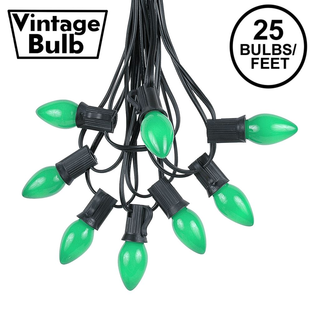 Picture of 25 Light String Set with Green Ceramic C7 Bulbs on Black Wire