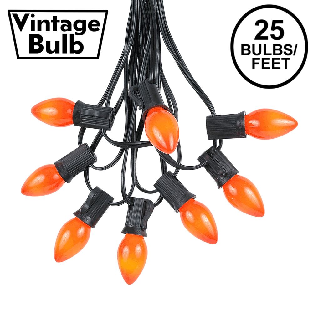 Picture of 25 Light String Set with Orange Ceramic C7 Bulbs on Black Wire