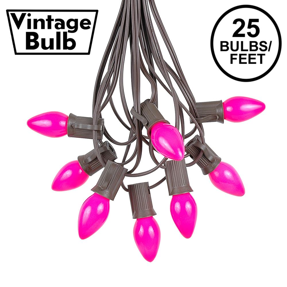Picture of 25 Light String Set with Pink Ceramic C7 Bulbs on Brown Wire
