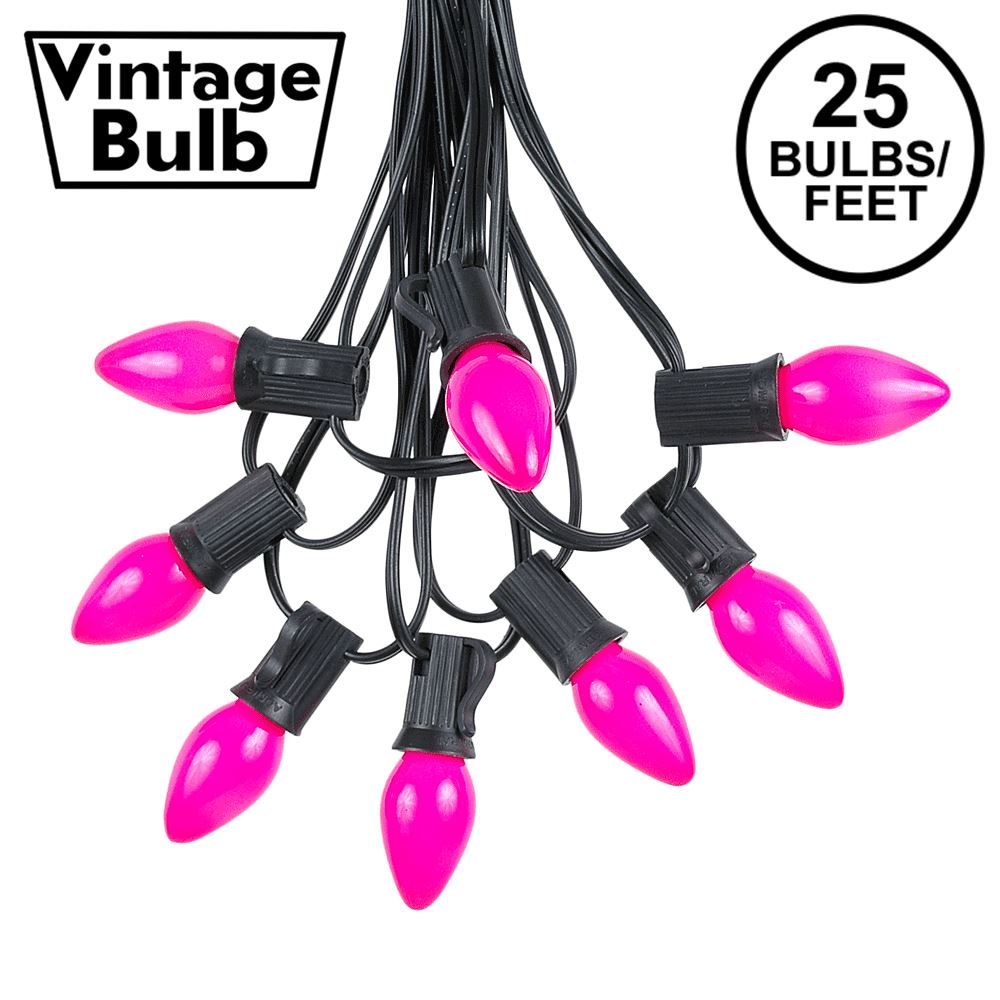 Picture of 25 Light String Set with Pink Ceramic C7 Bulbs on Black Wire