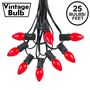 Picture of 25 Light String Set with Red Ceramic C7 Bulbs on Black Wire