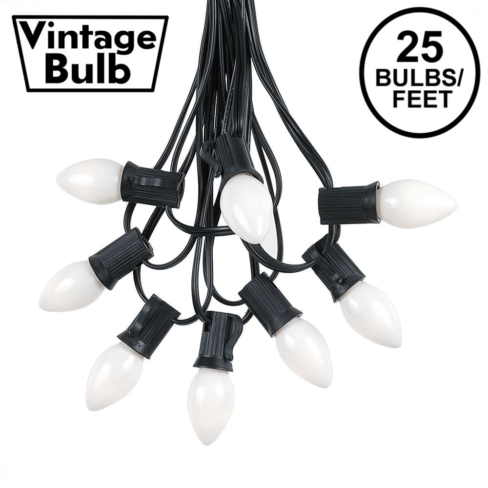 Picture of 25 Light String Set with White Ceramic C7 Bulbs on Black Wire