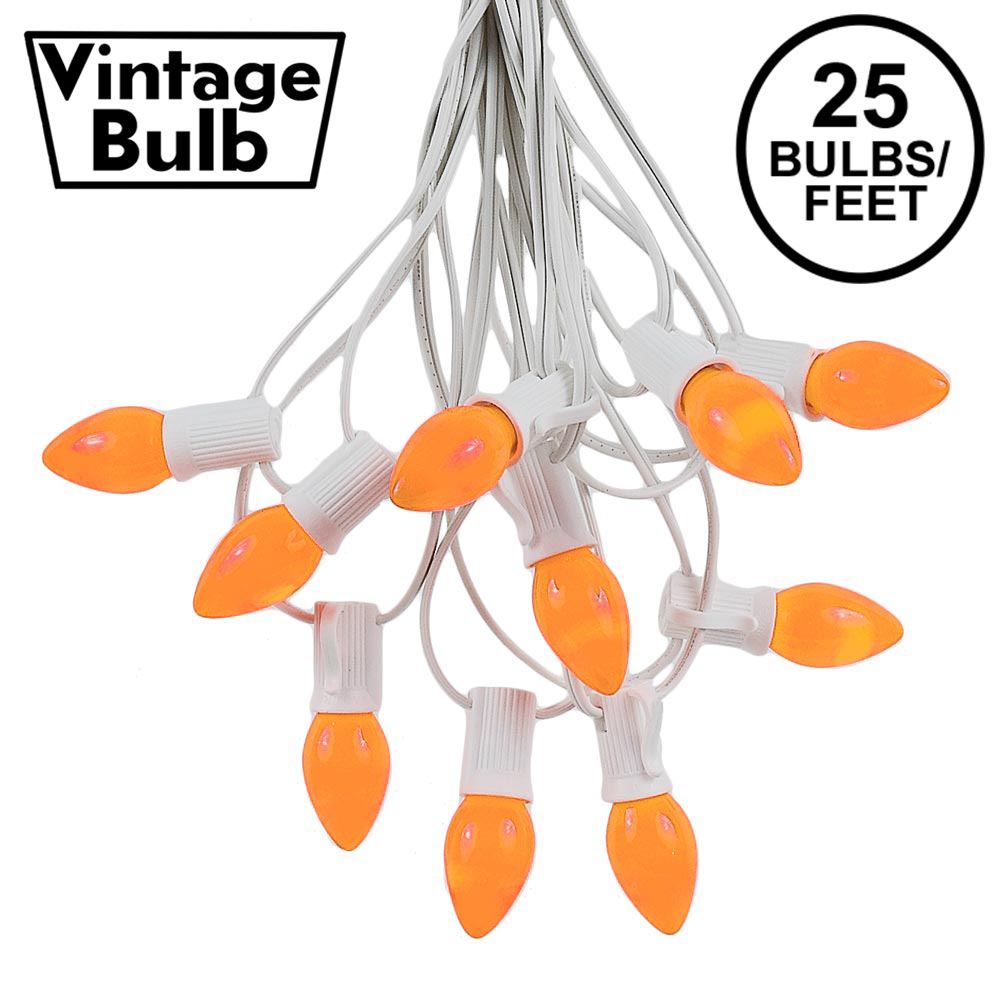 Picture of 25 Light String Set with Orange Ceramic C7 Bulbs on White Wire