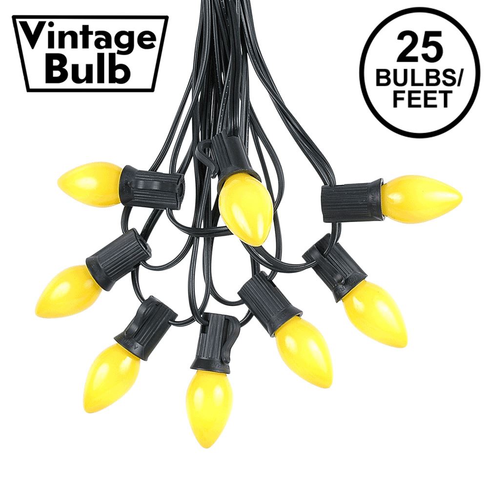 Picture of 25 Light String Set with Yellow Ceramic C7 Bulbs on Black Wire