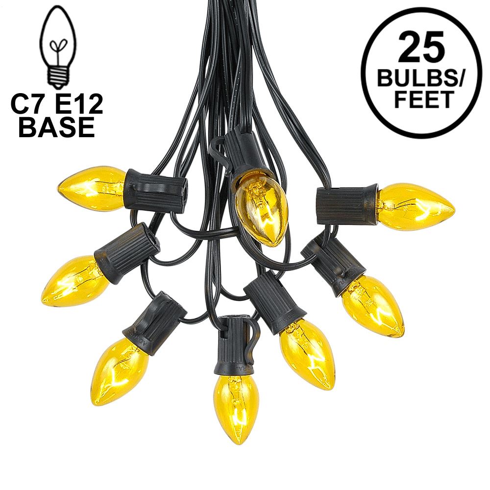 Picture of 25 Light String Set with Yellow Transparent C7 Bulbs on Black Wire