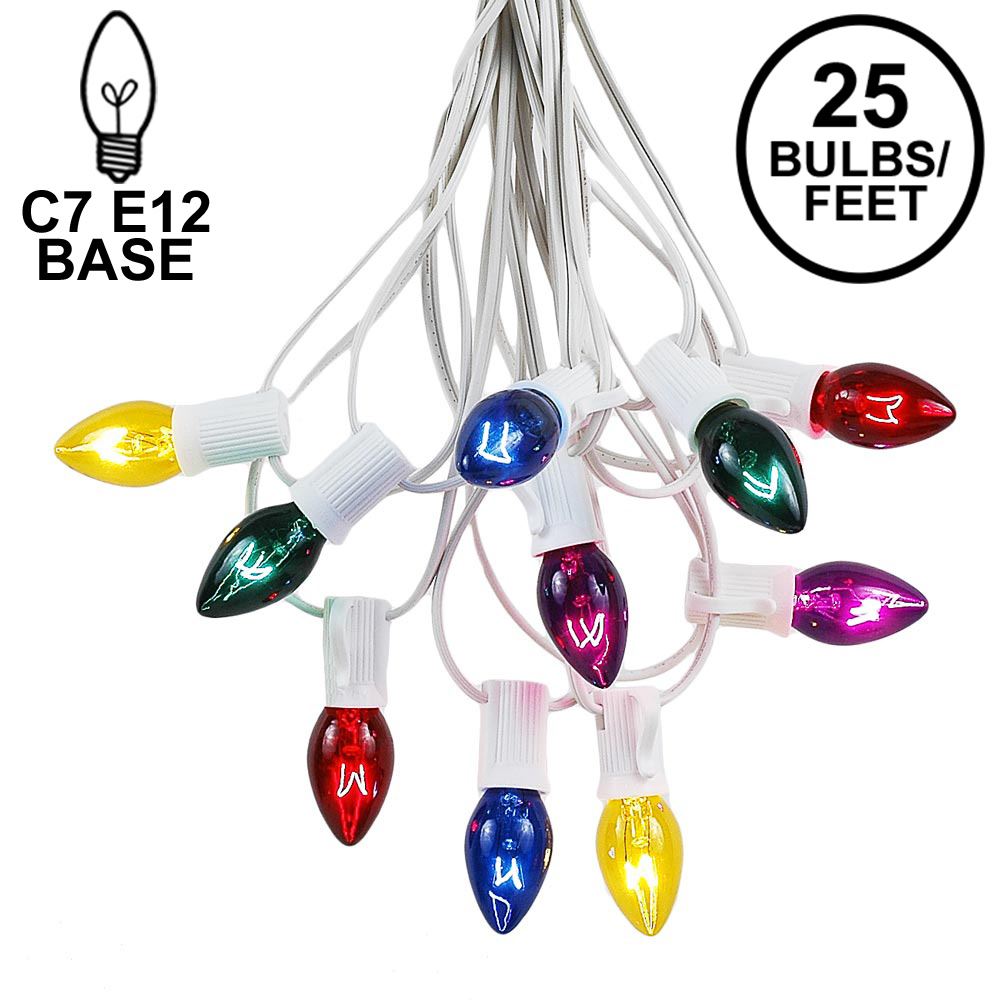 Picture of C7 25 Light String Set with Multi-Colored Twinkle Bulbs on White Wire