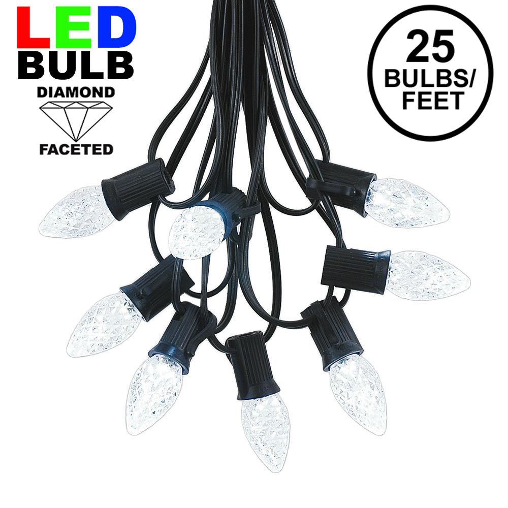 Picture of 25 Light String Set with Pure White LED C7 Bulbs on Black Wire
