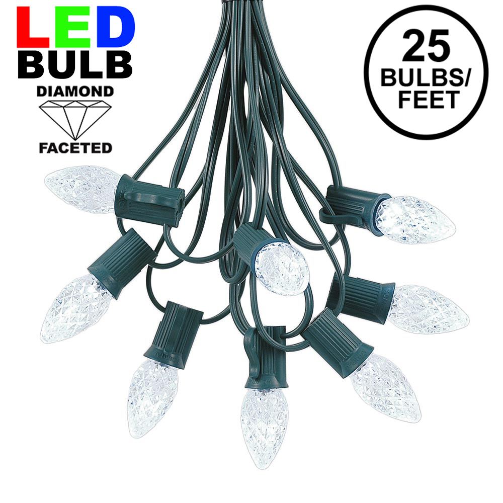 Picture of 25 Light String Set with Pure White LED C7 Bulbs on Green Wire