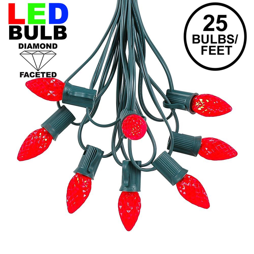 Picture of 25 Light String Set with Red LED C7 Bulbs on Green Wire