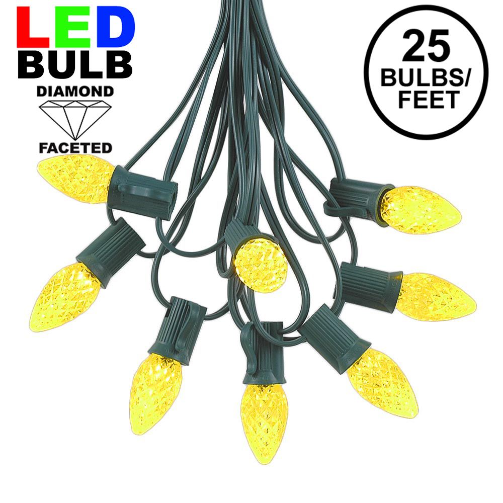 Picture of 25 Light String Set with Yellow/Gold LED C7 Bulbs on Green Wire