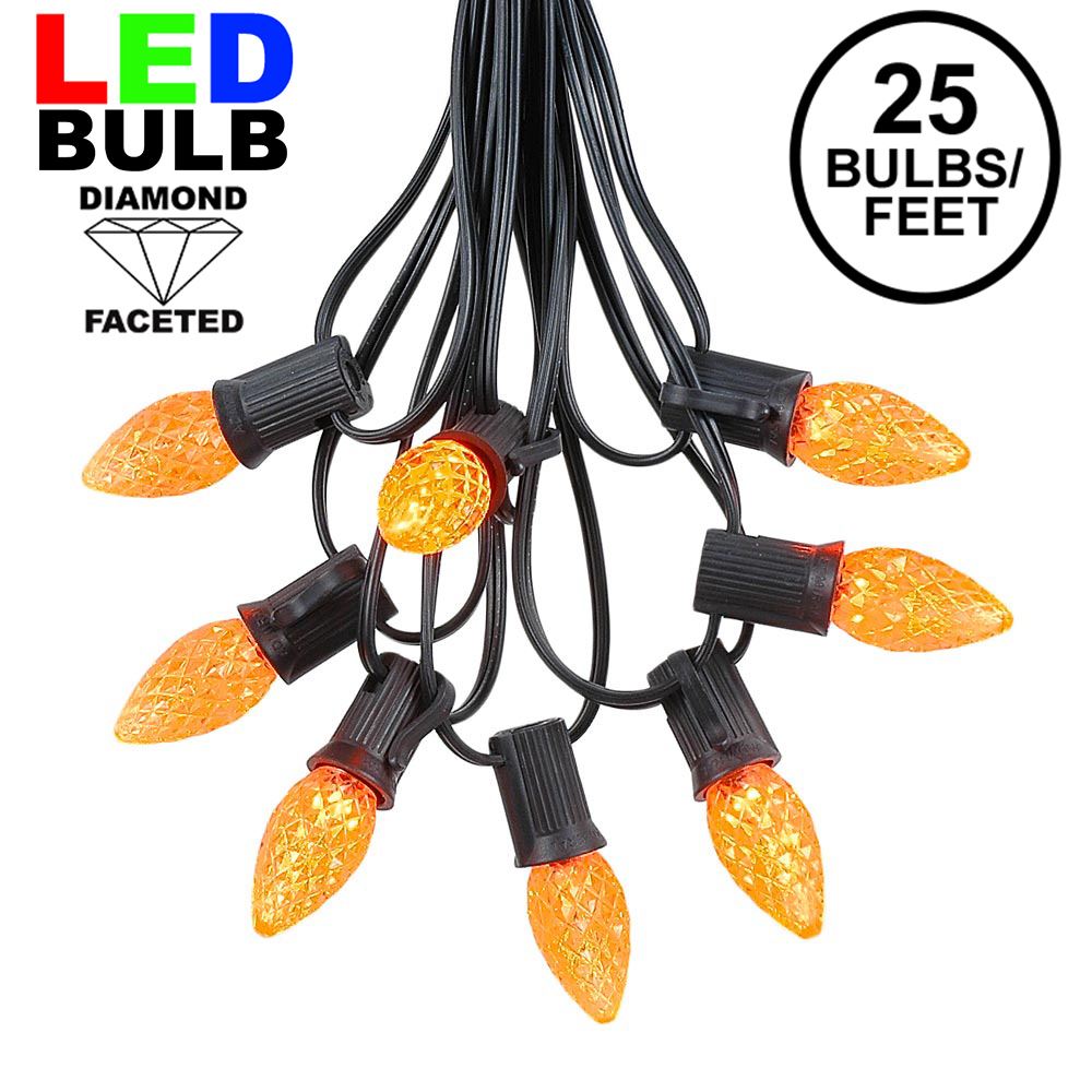 Picture of 25 Light String Set with Amber/Orange LED C7 Bulbs on Black Wire