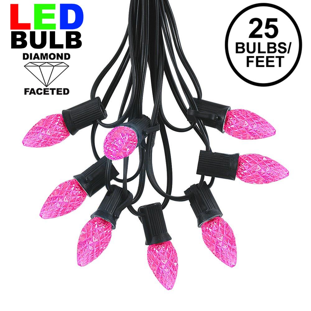 Picture of 25 Light String Set with Pink LED C7 Bulbs on Black Wire