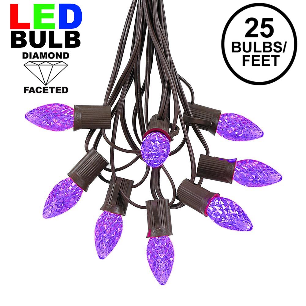 Picture of 25 Light String Set with Purple LED C7 Bulbs on Brown Wire