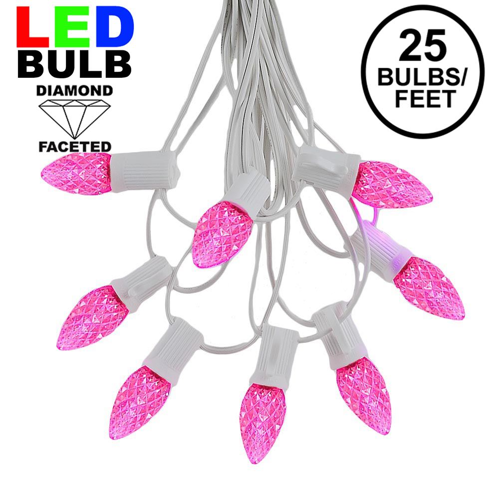 Picture of 25 Light String Set with Pink LED C7 Bulbs on White Wire