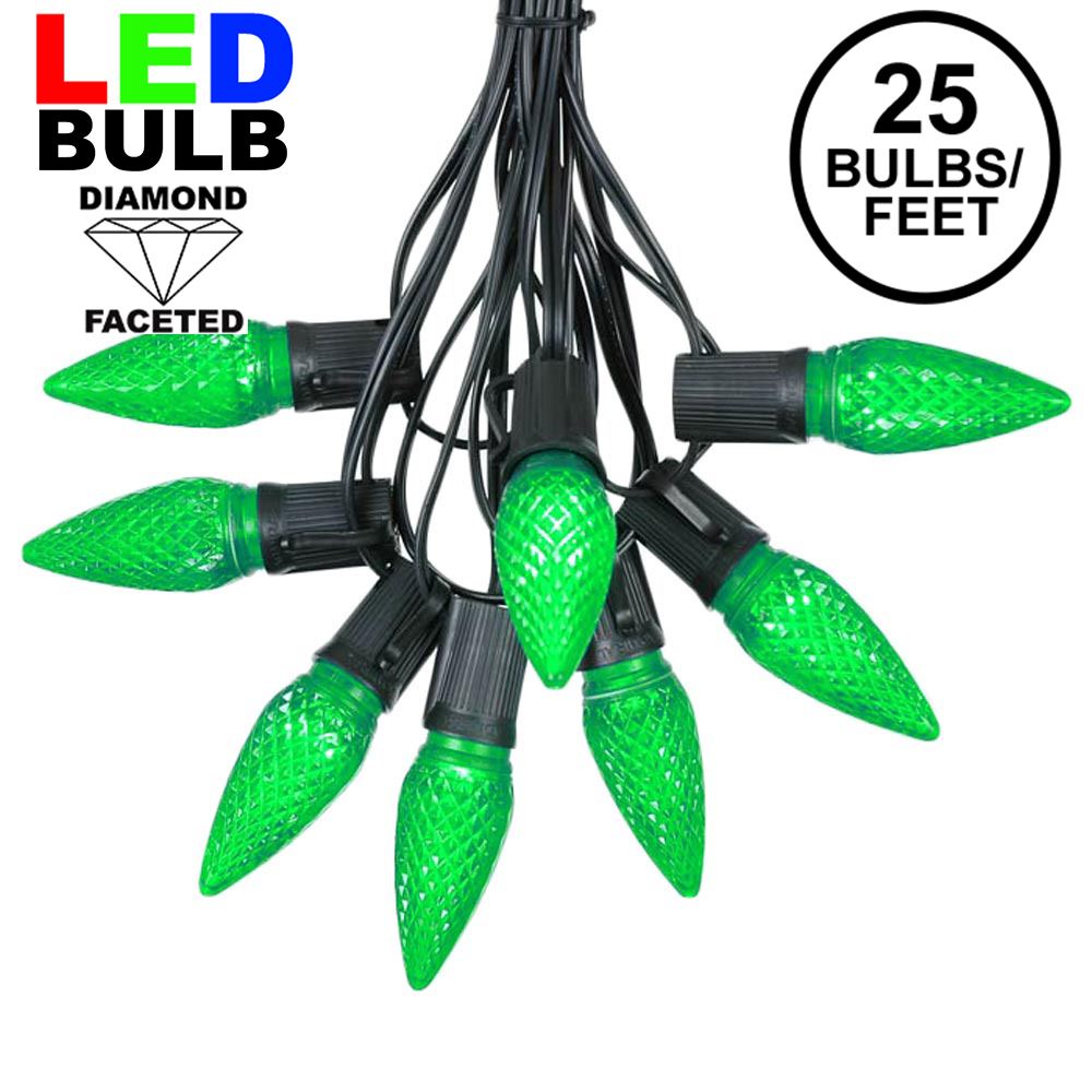 Picture of 25 Light String Set with Green LED C9 Bulbs on Black Wire