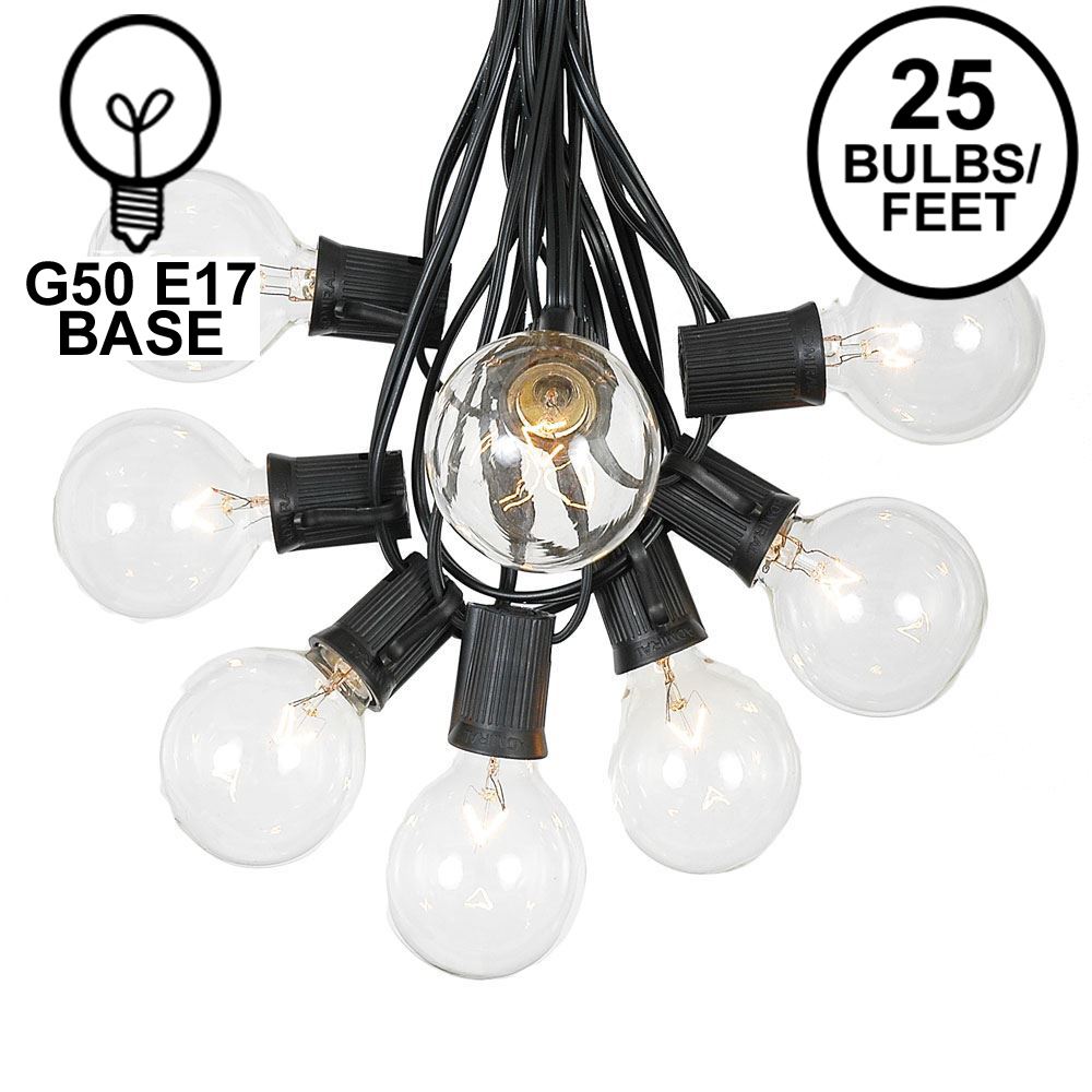 Picture of 25 G50 Globe Light String Set with Clear Bulbs on Black Wire