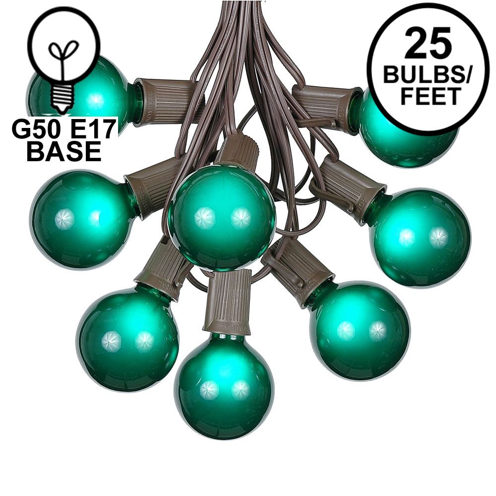 Picture of 25 G50 Globe Light String Set with Green Bulbs on Brown Wire