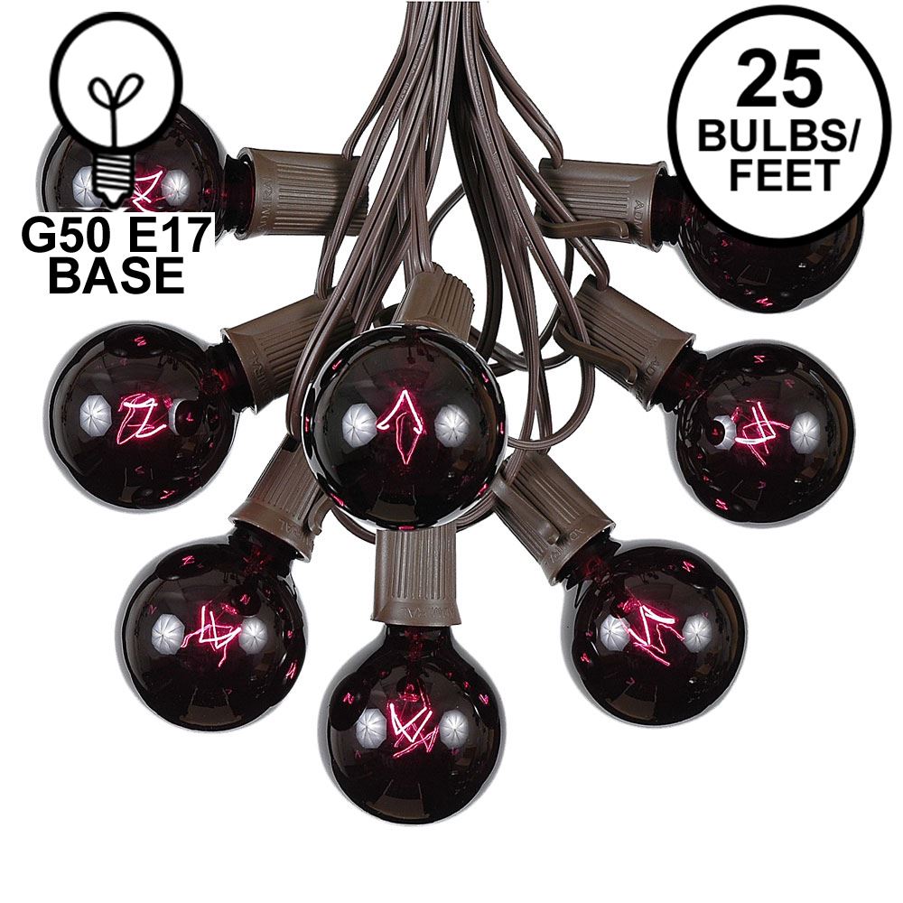 Picture of 25 G50 Globe Light String Set with Black Light Bulbs (Very Dark Purple) on Brown Wire