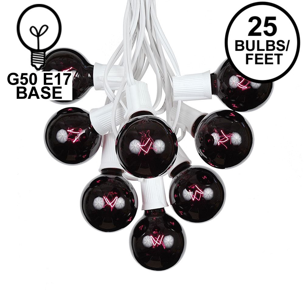 Picture of 25 G50 Globe Light String Set with Black Light Bulbs (Very Dark Purple) on White Wire