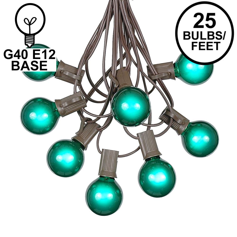 Picture of 25 G40 Globe String Light Set with Green Satin Bulbs on Brown Wire