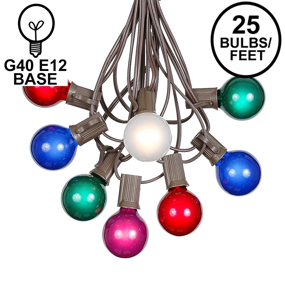 Picture of 25 G40 Globe String Light Set with Multi Colored Satin Bulbs on Brown Wire