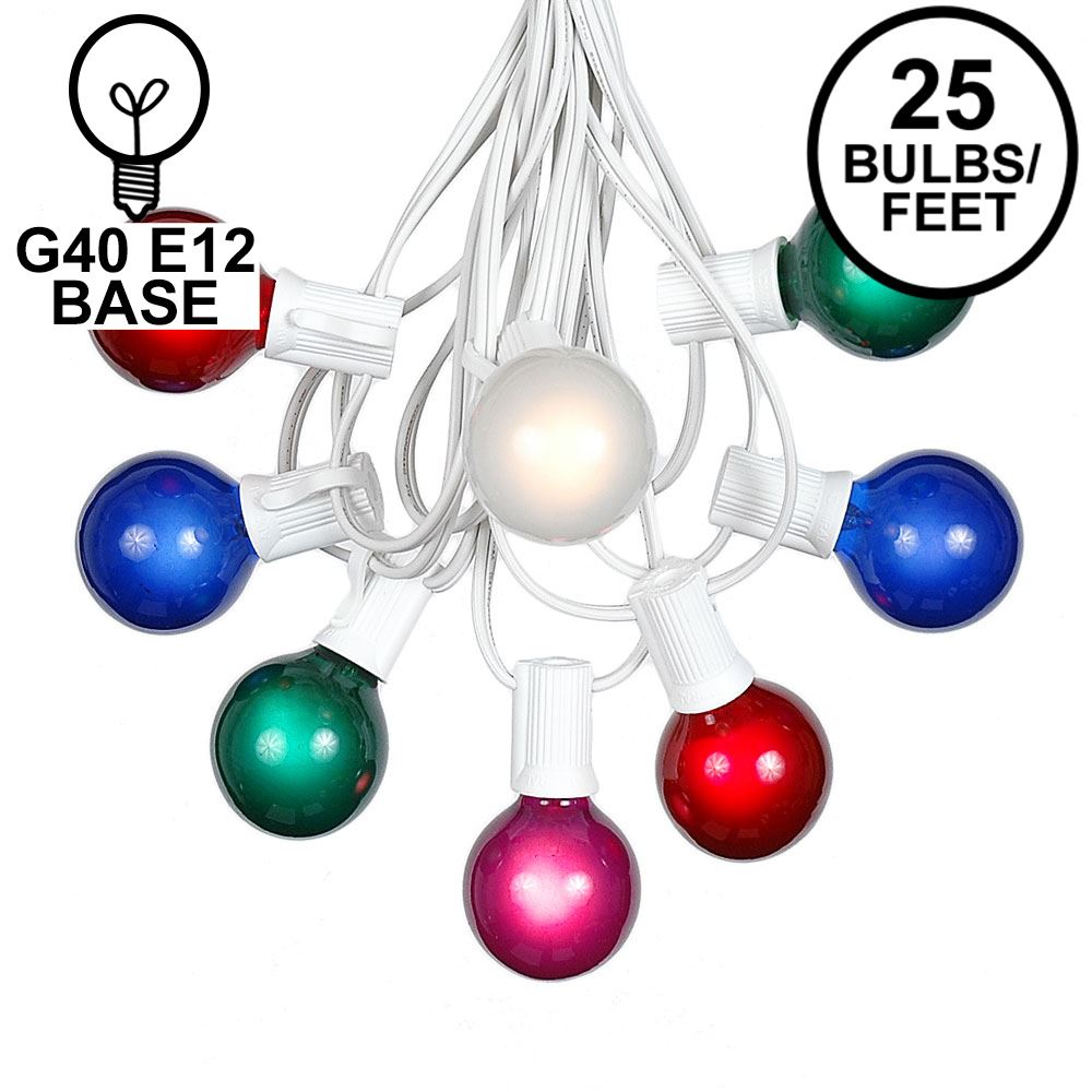 Picture of 25 G40 Globe String Light Set with Multi-Colored Satin Bulbs on White Wire