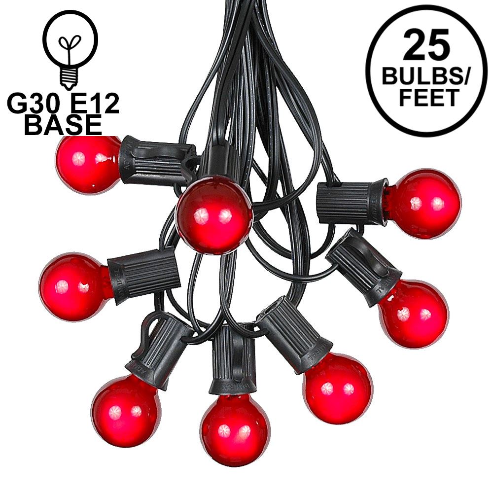 Picture of 25 G30 Globe Light String Set with Red Satin Bulbs on Black Wire