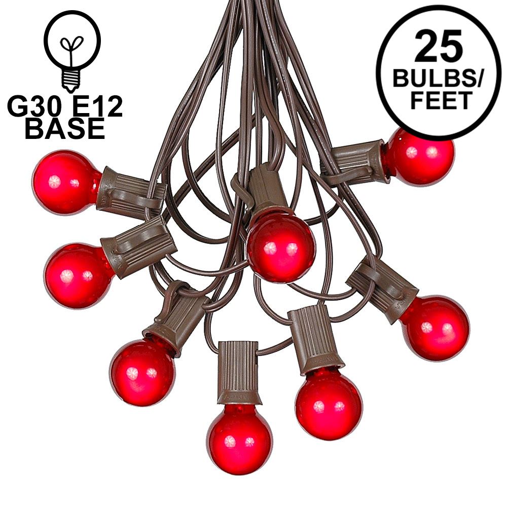 Picture of 25 G30 Globe Light String Set with Red Satin Bulbs on Brown Wire