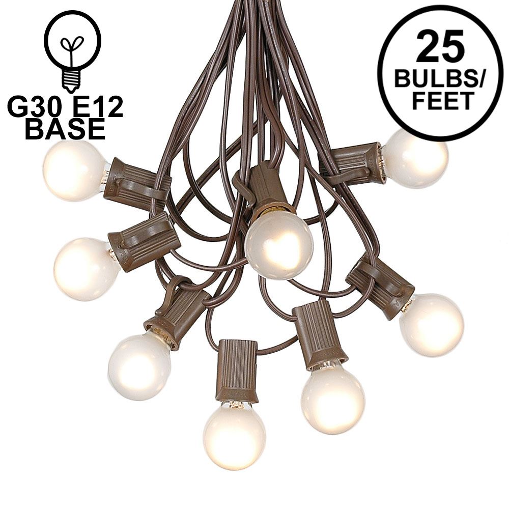Picture of 25 G30 Globe Light String Set with Frosted White Bulbs on Brown Wire