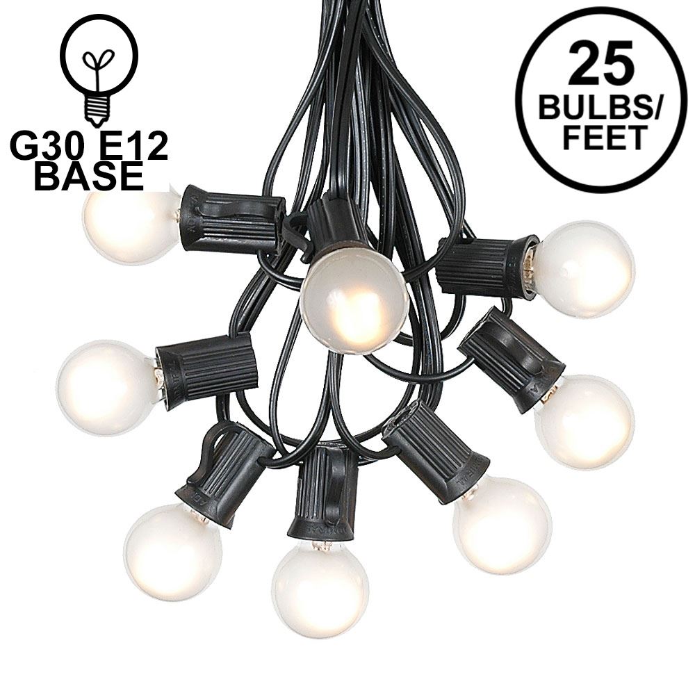 Picture of 25 G30 Globe Light String Set with Frosted White Bulbs on Black Wire