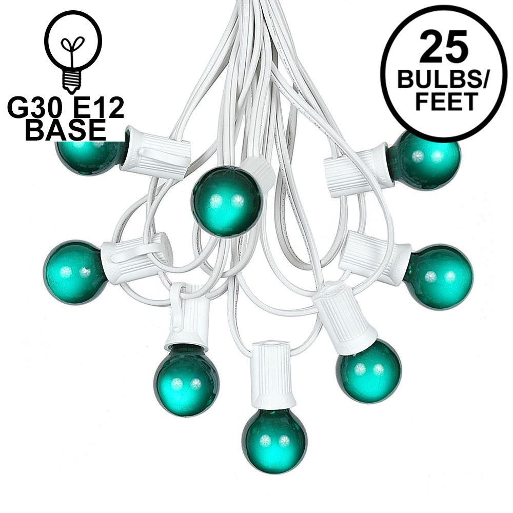 Picture of 25 G30 Globe Light String Set with Green Satin Bulbs on White Wire