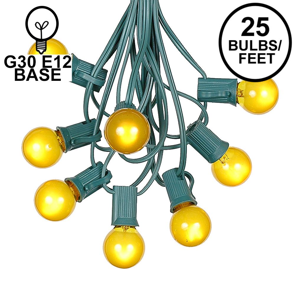 Picture of 25 G30 Globe Light String Set with Yellow/Gold Satin Bulbs on Green Wire