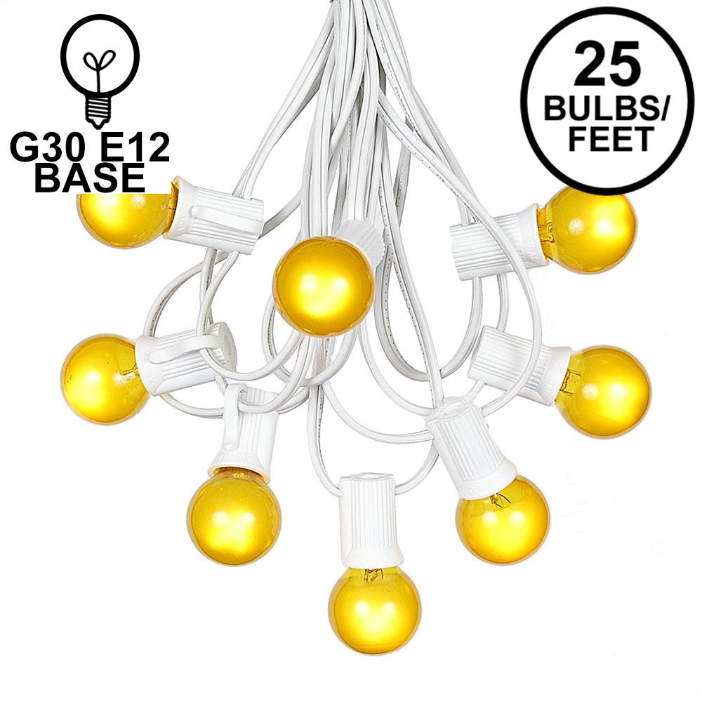 Picture of 25 G30 Globe Light String Set with Yellow/Gold Satin Bulbs on White Wire