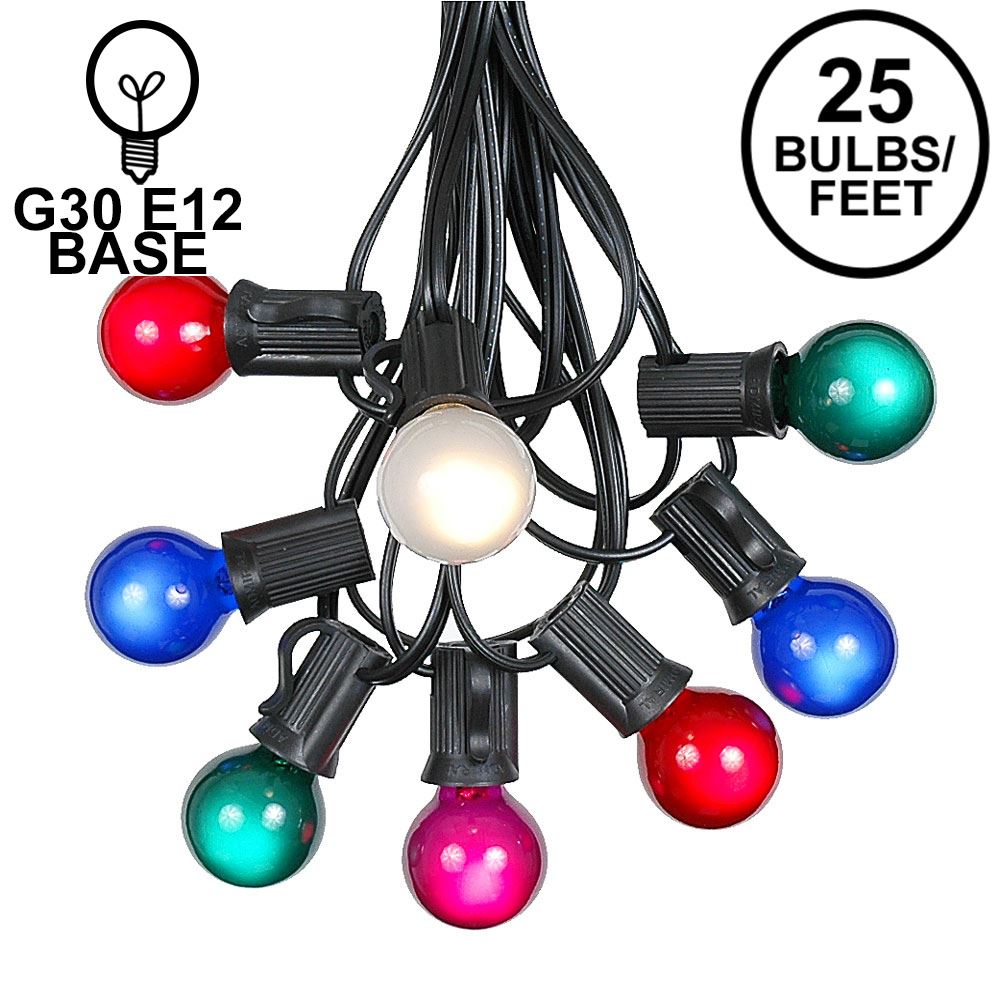 Picture of 25 G30 Globe Light String Set with Multi Colored Satin Bulbs on Black Wire