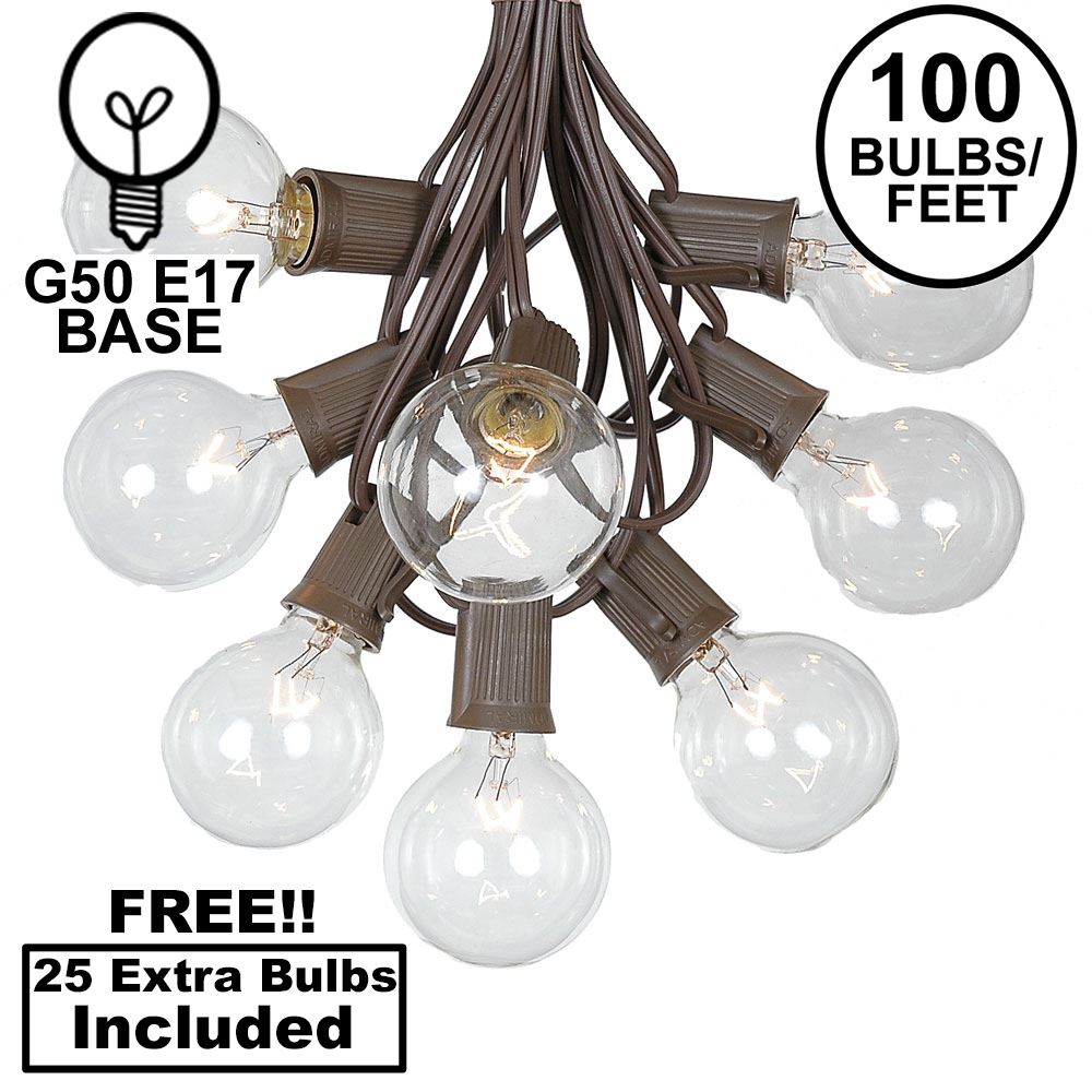 Picture of 100 G50 Globe Light String Set with Clear Bulbs on Brown Wire
