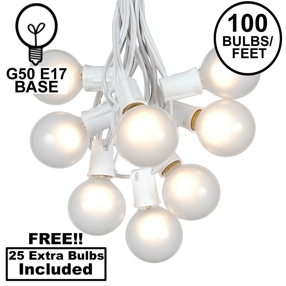 Picture of 100 G50 Globe Light String Set with Frosted White Bulbs on White Wire