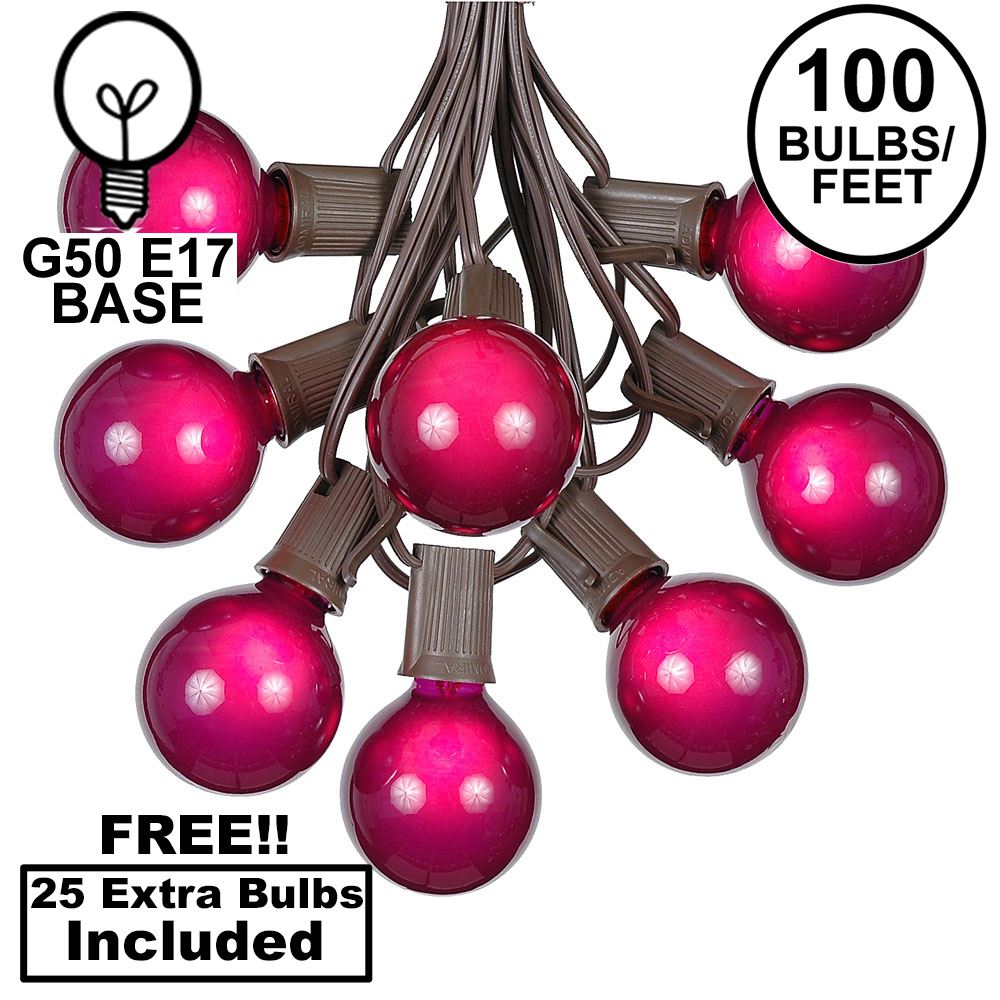 Picture of 100 G50 Globe Light String Set with Purple Bulbs on Brown Wire