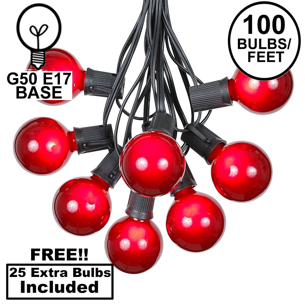 Picture of 100 G50 Globe Light String Set with Red Bulbs on Black Wire