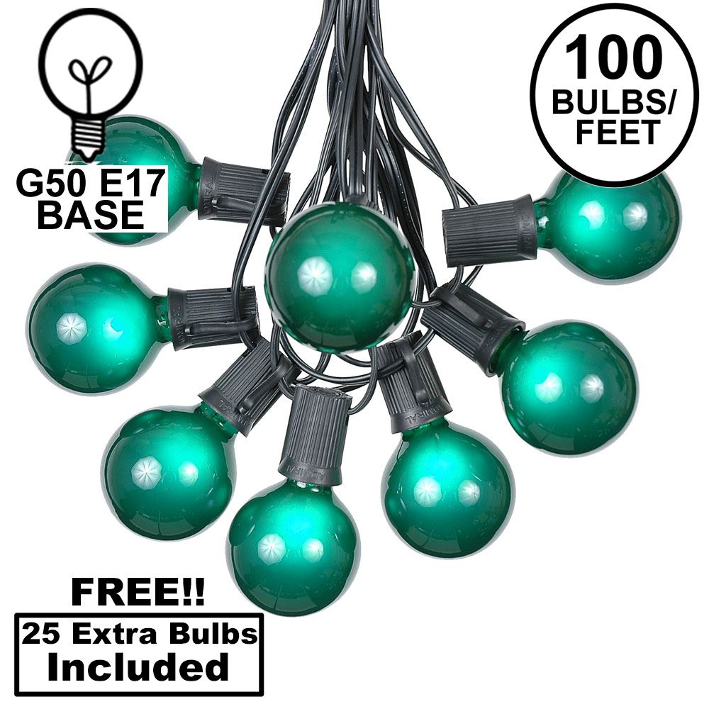 Picture of 100 G50 Globe Light String Set with Green Bulbs on Black Wire