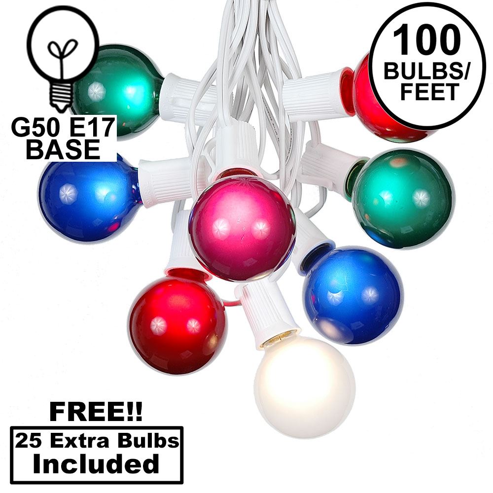 Picture of 100 G50 Globe Light String Set with Multi Satin Bulbs on White Wire