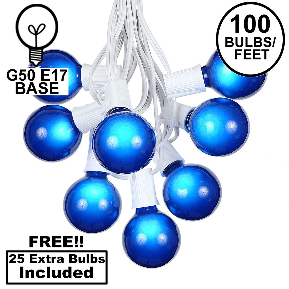 Picture of 100 G50 Globe Light String Set with Blue Bulbs on White Wire